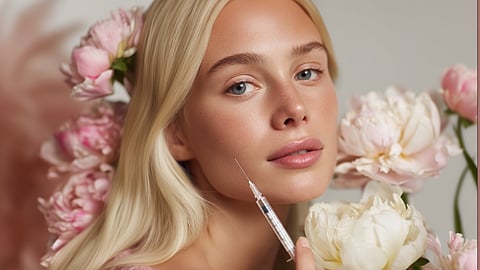 Woman with clear skin holding syringe near face, surrounded by soft pink flowers