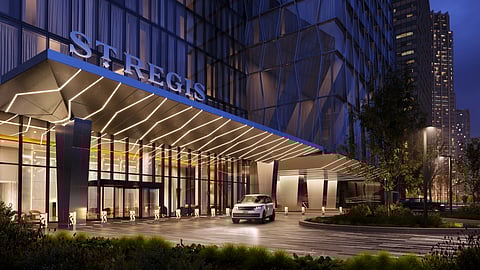 The St. Regis Chicago exterior entrance at dusk