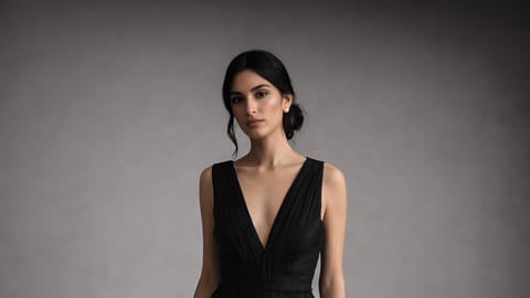 Model in black sleeveless gown with deep V neckline against gray backdrop