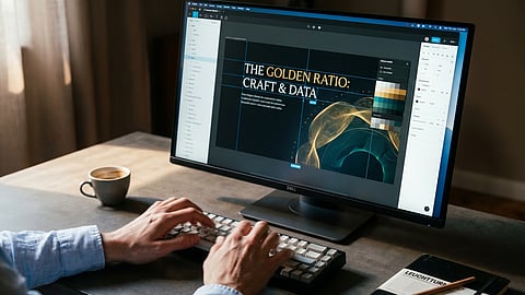 Professional designing a high-end presentation deck on desktop with typography layout