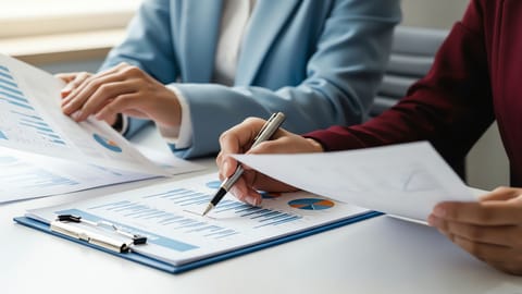 Professionals reviewing charts and reports during a business analysis meeting