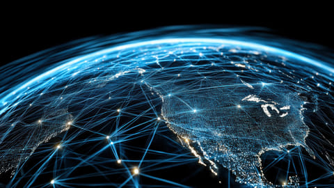Digital world map with network connections across global business systems