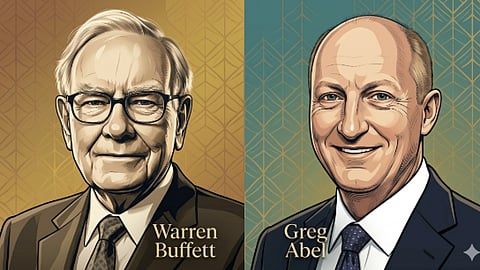 Illustrated portraits of Warren Buffett and Greg Abel against contrasting backgrounds