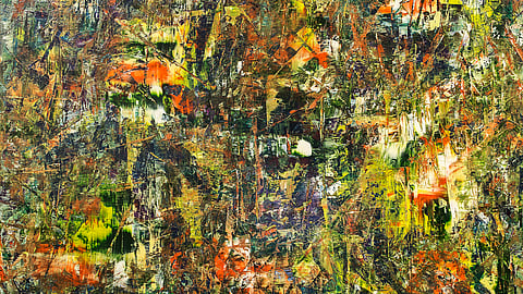 Abstract oil painting in warm colors on panel by Hamptons artist Mark Seidenfeld