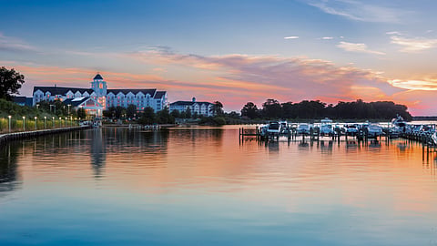 Hyatt Regency Chesapeake Bay resort and marina at sunset along the Choptank River