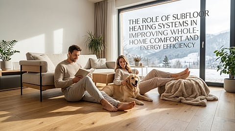 a cozy, modern living space featuring a couple sitting on a light-toned wooden floor with their dog