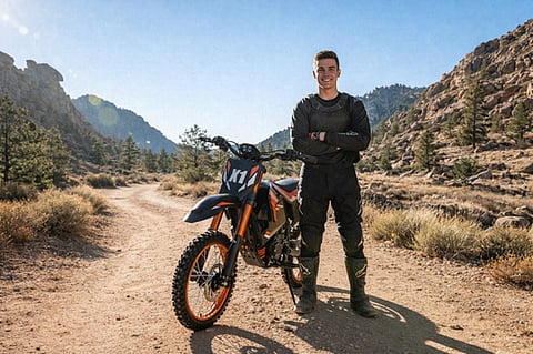 a Qronge X1 Spark electric dirt bike featured in a rugged off-road setting