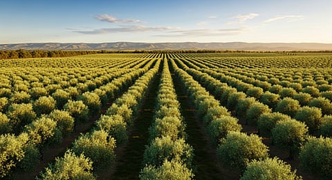 a vast, organized olive orchard featuring perfectly aligned rows of trees
