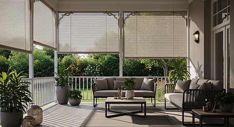 a modern covered patio featuring neutral-colored outdoor roller shades and matching furnitur