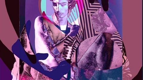Installation view featuring layered mixed-media artwork in shades of violet and magenta