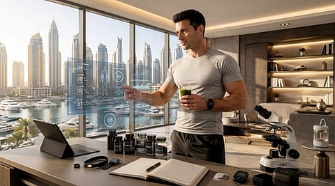 a modern, AI-generated scene set in a high-rise overlooking the Dubai skyline