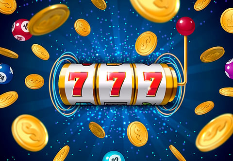 a classic slot machine reel showing a winning "777" combination