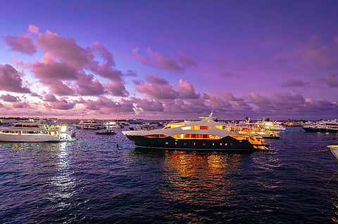 a serene scene of luxury yachts