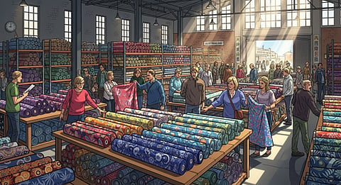 a vibrant illustration of a busy wholesale fabric store filled with colorful textile rolls