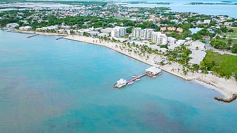 View of Alaia Belize on Ambergris Caye, with the Caribbean Sea and Belize Barrier Reef visible