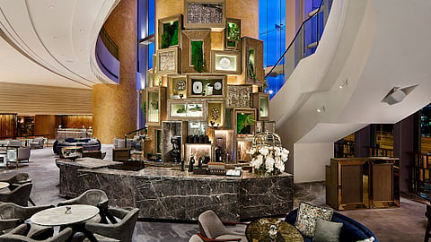 the interior lounge of the Four Seasons Hotel Hong Kong