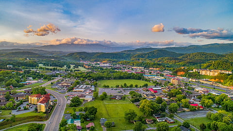 panoramic image shows an aerial view of Pigeon Forge, Tennessee