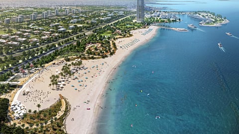 Aerial view of The Ellinikon waterfront development along the Athenian Riviera coastline