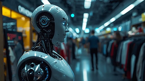 AI-powered retail assistant operating inside a store, illustrating autonomous decision-making