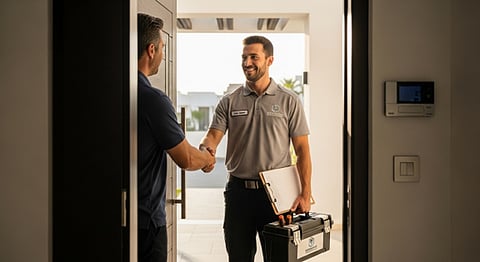 a service professional shaking hands with a homeowner at a doorstep