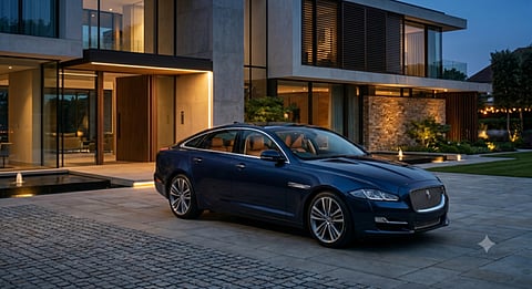 Dark blue luxury sedan parked outside a contemporary luxury residence