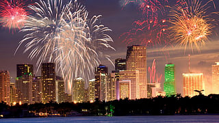 4th of July Fireworks in Miami against the city's skyline