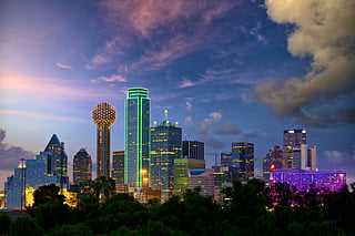 Dallas, Texas, skyline at dusk in the summer.