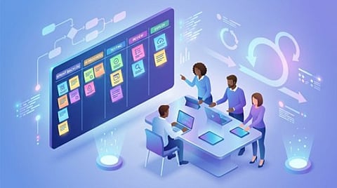 Isometric illustration of a team collaborating around a digital Agile project board