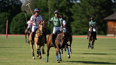 Polo players compete on horseback during Greenwich Polo Club's 2026 Sunday season