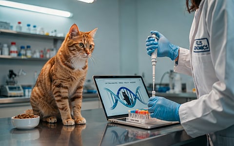 Scientist performing DNA testing on a cat sample in a laboratory with computer analysis.