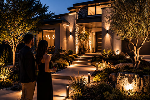 Couple viewing a modern luxury home exterior illuminated with outdoor lights at night.