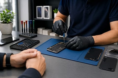 Technician repairing a smartphone on a workbench with tools and replacement parts