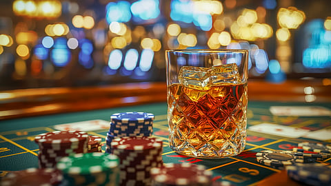 Whiskey and poker chips on a casino table in a stylish gaming room