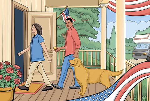 Illustration of a family entering a new home with a dog and American flag decoration