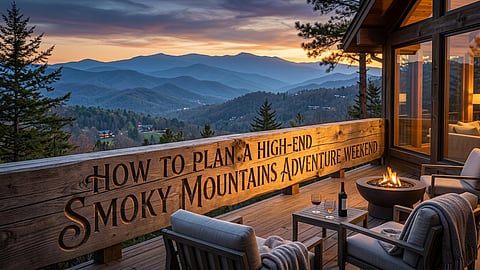 Luxury cabin overlooking the Great Smoky Mountains at sunset with panoramic mountain views