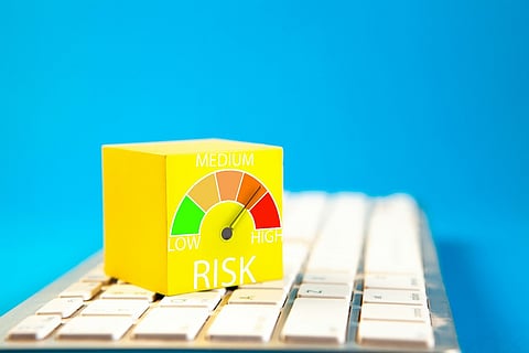 Risk assessment gauge showing medium risk level on a yellow box