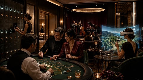 Luxury casino lounge with card games, live jazz, and virtual wine tasting.