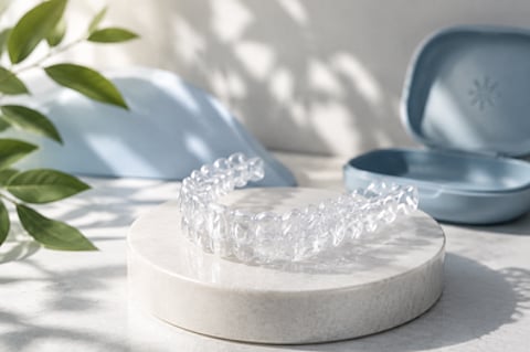 Clear dental aligner displayed beside its open case.