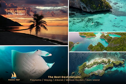 ropical island travel collage featuring beaches, turquoise lagoons, kayaks, and a manta ray.