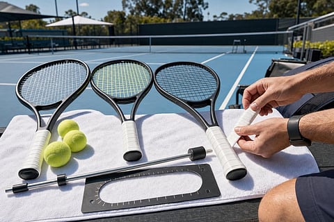 Tennis rackets and balls beside racket-stringing tools on a court.
