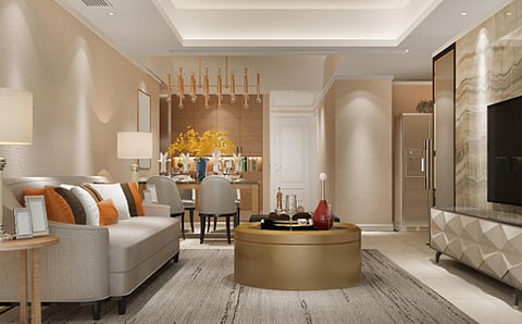 Elegant beige living room with modern dining area.