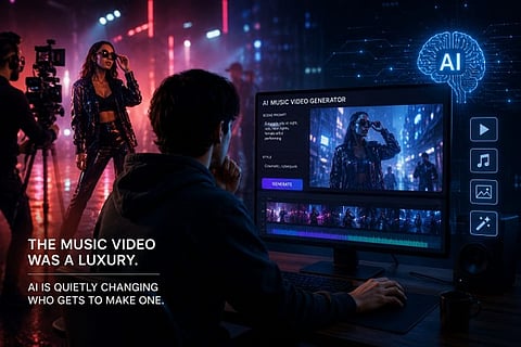 AI-powered music video generator creating a performance scene on a computer.