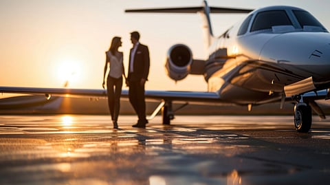 Private jet on tarmac at sunset