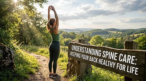 Woman stretching on a scenic forest trail