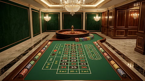 A green roulette table with a wheel and chips in an elegant casino room.