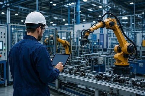 A man in a hard hat and blue shirt stands before a factory featuring robotic machinery in operation.