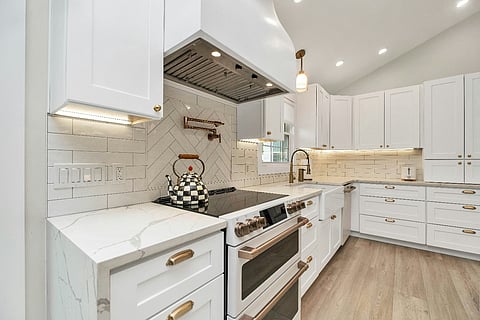 A modern kitchen featuring white cabinets