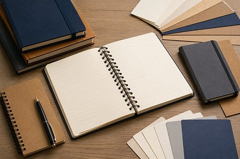 A notebook, pen, and paper arranged on a wooden table
