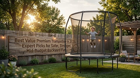 Child jumping on a safety trampoline in a backyard garden