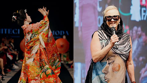 Split image of a traditional Japanese kimono performance and Pamela Privette on stage